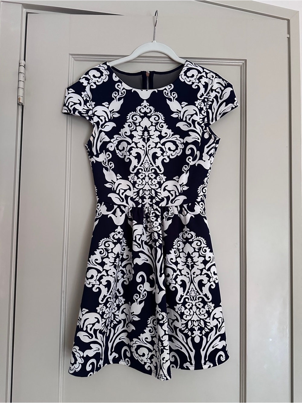 B Darlin Navy and White Damask Fit-and-Flare Dress